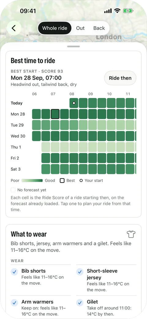 Best time to ride: a week-long heatmap of start times, coloured from poor to good, with the best start on Monday at 07:00 scoring 93.