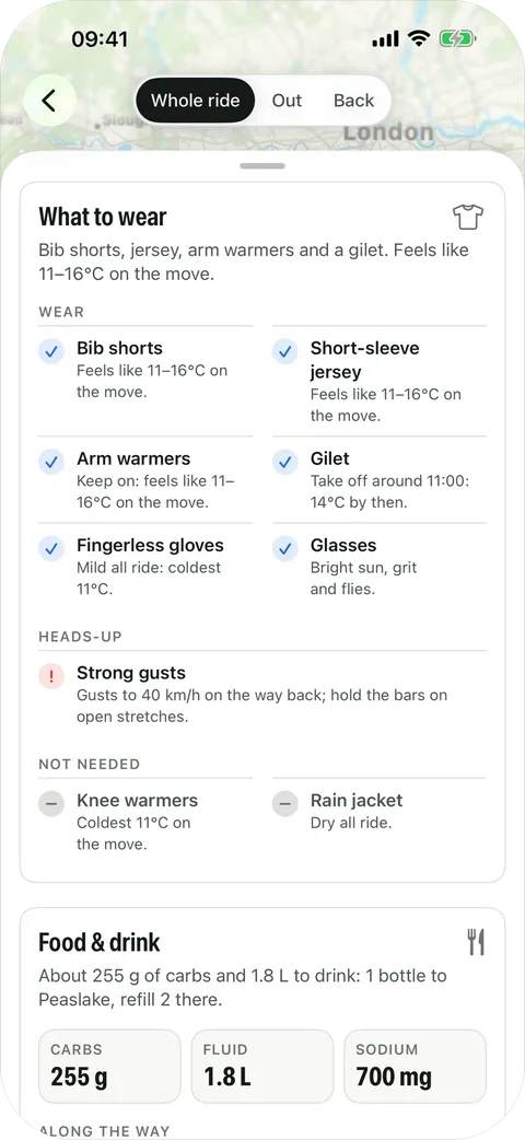 What to wear: bib shorts, short-sleeve jersey, arm warmers and a gilet, with a note to take the gilet off at 11:00.